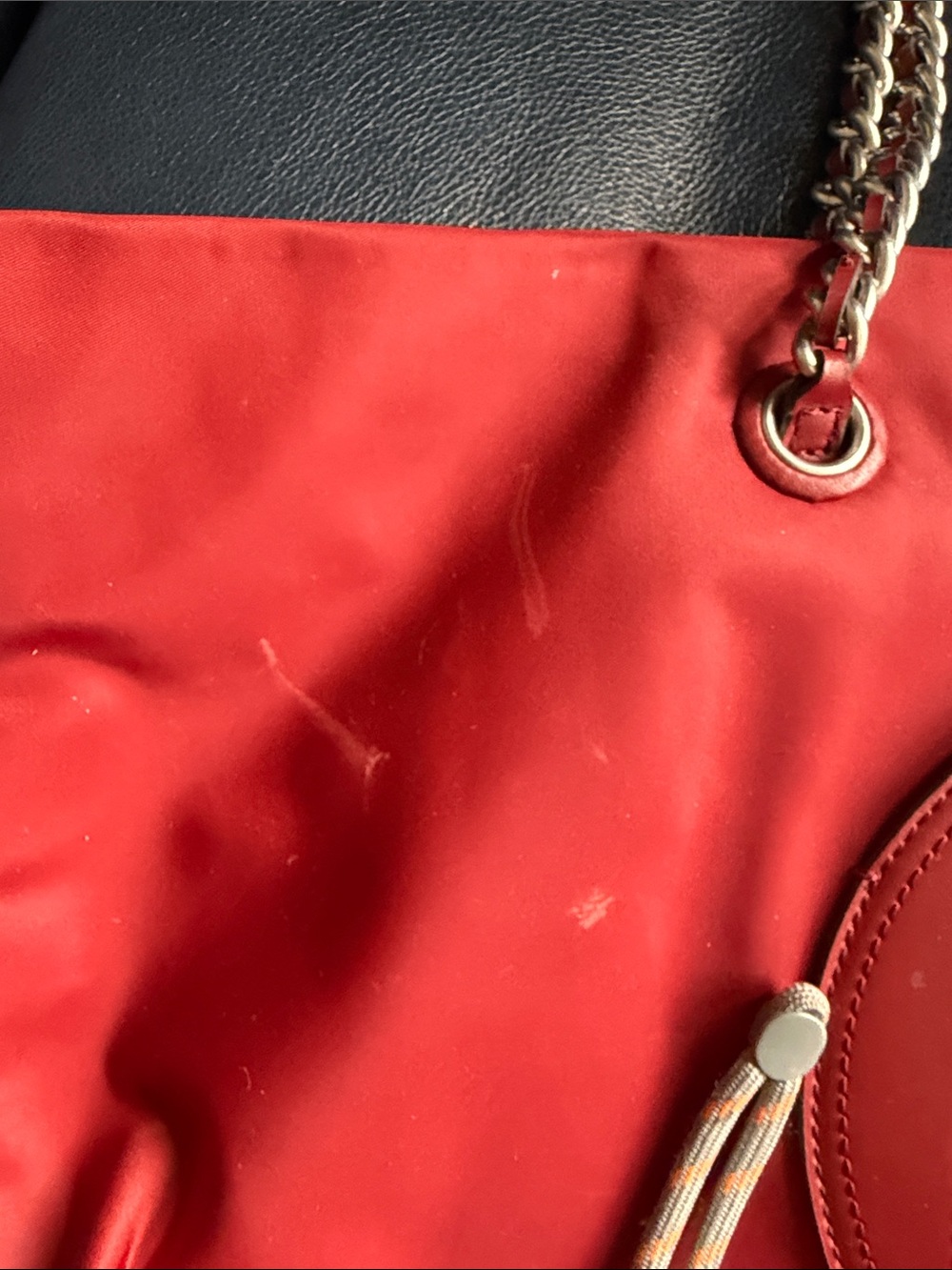 Tory Burch Red Quilted Logo Nylon Tote with Chain Straps - Picture 2 of 4